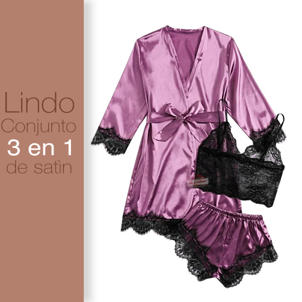 Conjunto Dama Bata + Short + Bralette Satin Lenceria 19173
