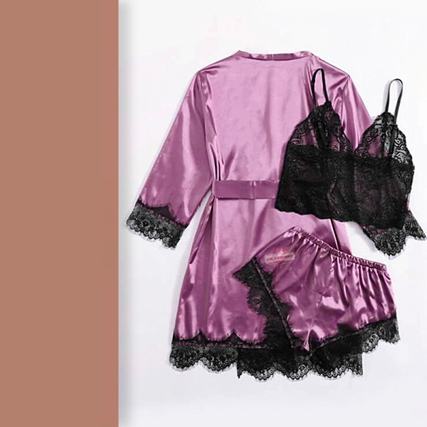 Conjunto Dama Bata + Short + Bralette Satin Lenceria 19173