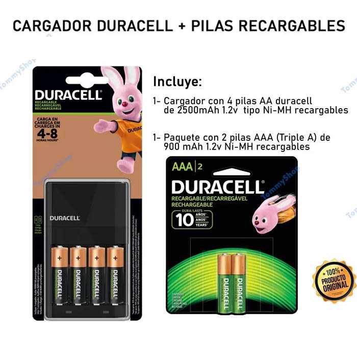 Kit Cargador Duracell con 4 Pilas Aa De 2500mah Recargables