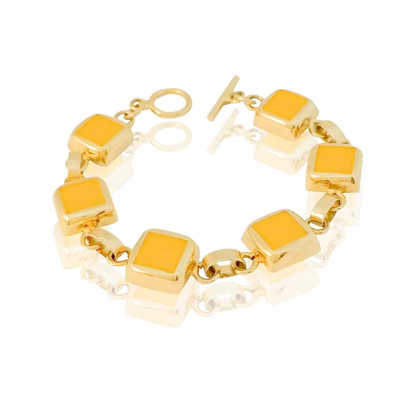 Pulsera tipo brazalete acero dorado #192 con hermosos adornos amarillos esmaltados