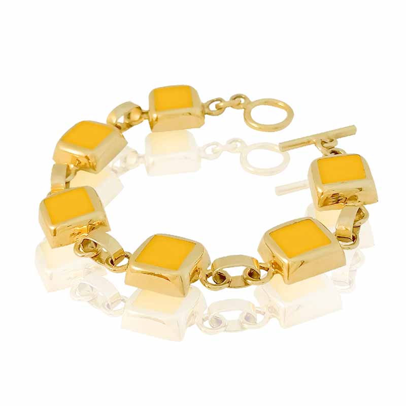 Pulsera tipo brazalete acero dorado #192 con hermosos adornos amarillos esmaltados