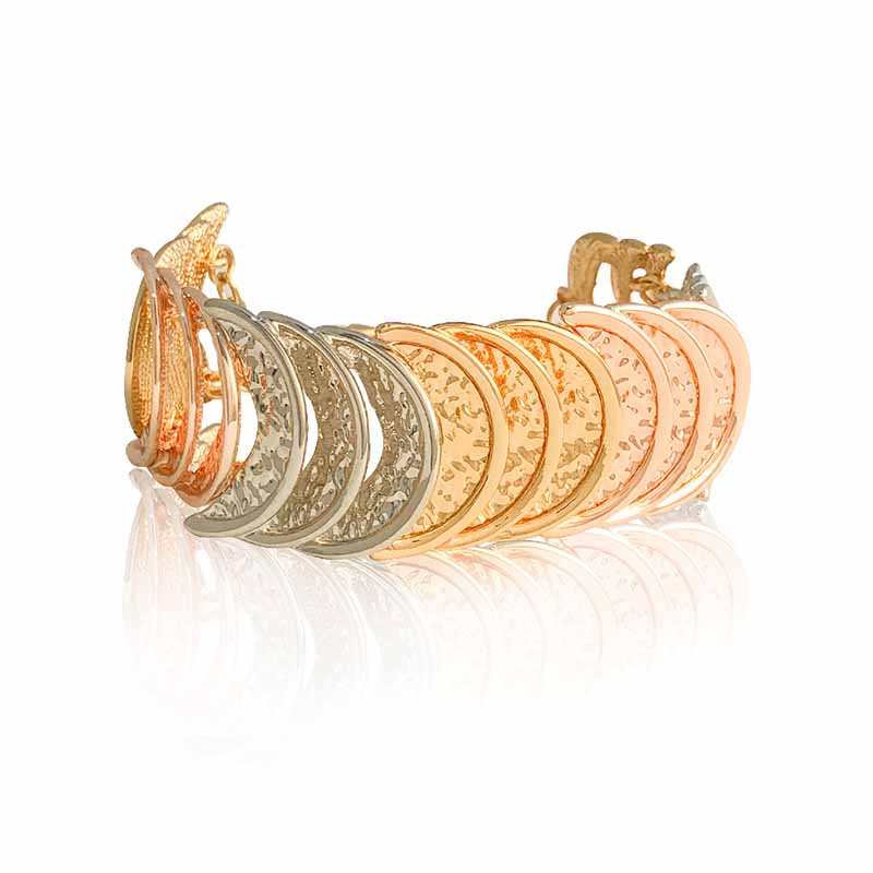 Pulsera oro 18K laminado #123 de monedas en forma de media luna tricolor