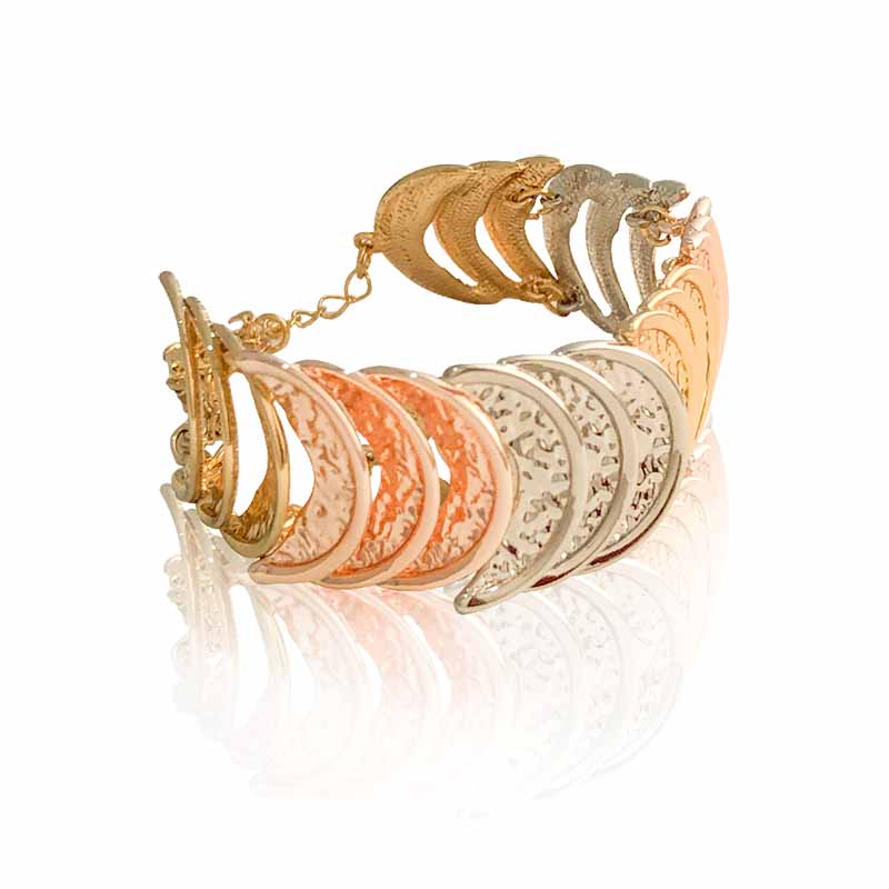 Pulsera oro 18K laminado #123 de monedas en forma de media luna tricolor