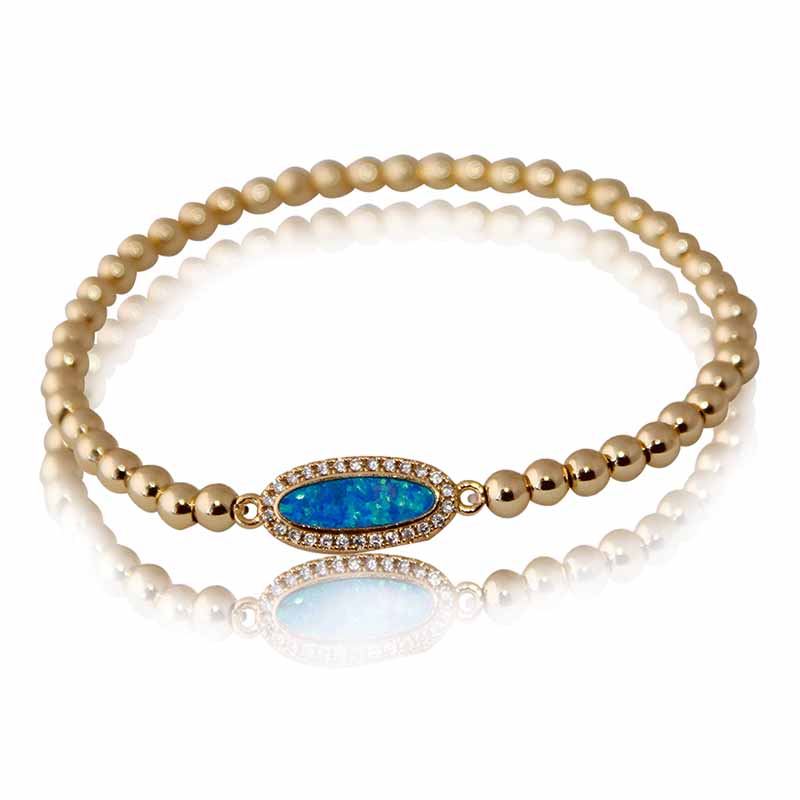 Pulsera brazalete Oro 18K Laminado #31 Para mujer de bolitas doradas con ovalo al centro con detalle en azul 