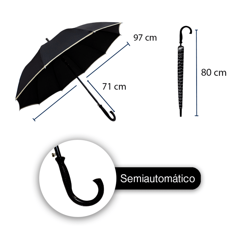 Paraguas Semiautomático Negro Bastón Mango Curvo Plástico Orilla Beige
