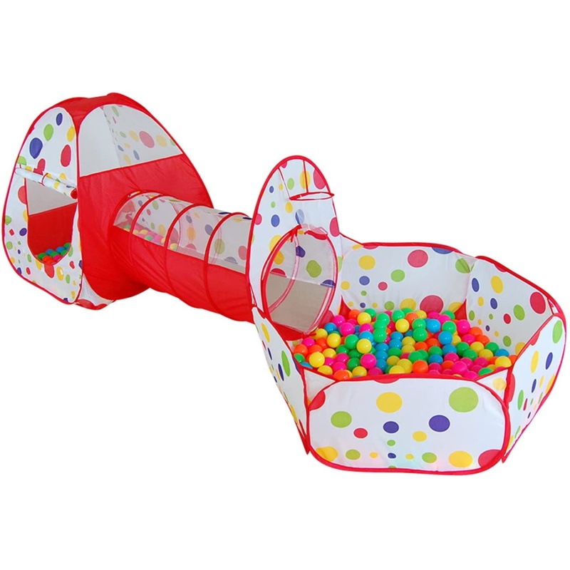 Tienda de campaña con túnel y alberca de pelotas