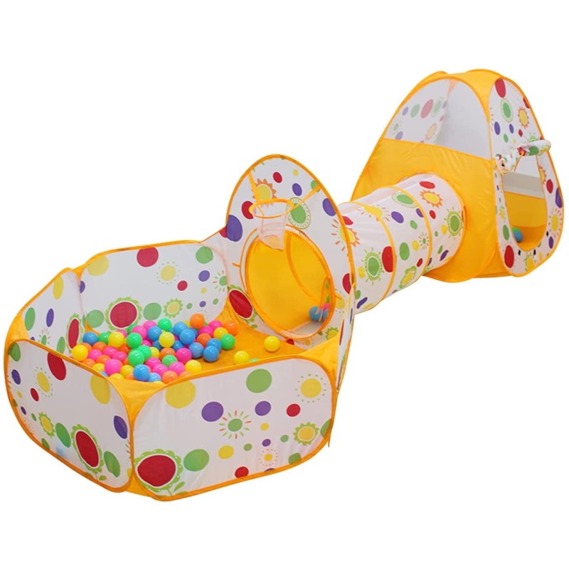 Tienda de campaña con túnel y alberca de pelotas