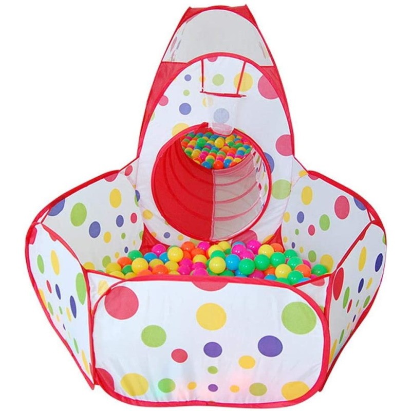 Tienda de campaña con túnel y alberca de pelotas
