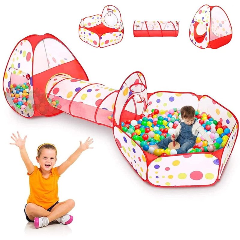 Tienda de campaña con túnel y alberca de pelotas