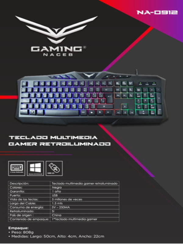 Teclado Gamer Pc Laptop Led Rgb Multimedia Naceb Ergonomico Alambrico Usb Español