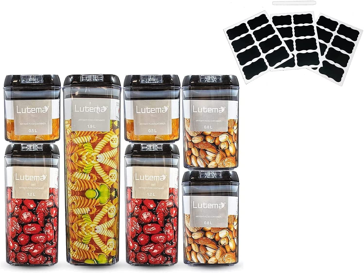Juego de 7 Contenedores Lutema Herméticos para Almacenamiento de Alimentos Recipientes Libres de BPA y Tapa Abre-Facíl con Etiquetas para Identificar 