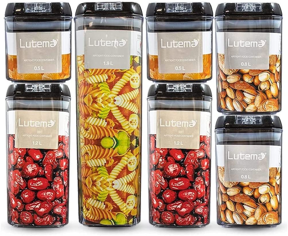 Juego de 7 Contenedores Lutema Herméticos para Almacenamiento de Alimentos Recipientes Libres de BPA y Tapa Abre-Facíl con Etiquetas para Identificar 