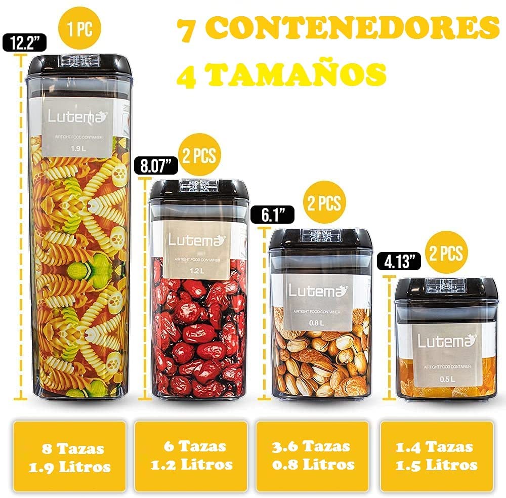 Juego de 7 Contenedores Lutema Herméticos para Almacenamiento de Alimentos Recipientes Libres de BPA y Tapa Abre-Facíl con Etiquetas para Identificar 