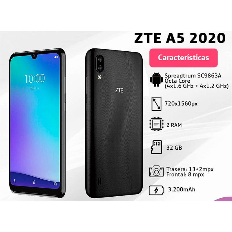 Celular Zte Blade A5 2020 2GB-64GB Negro + Audifono + Power Bank