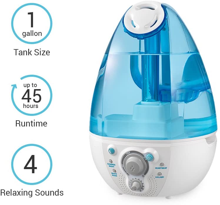 Humidificador ultrasónico myBaby SoundSpa, hasta 45 horas de funcionamiento, tanque de 1 galón, reproduce 4 sonidos relajantes, luz nocturna, perfecto para bebés, recién nacidos, niños pequeños, tecnología de tanque limpio, MYB-W45
