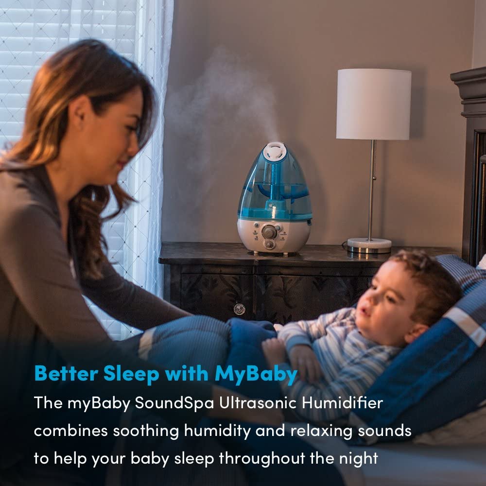 Humidificador ultrasónico myBaby SoundSpa, hasta 45 horas de funcionamiento, tanque de 1 galón, reproduce 4 sonidos relajantes, luz nocturna, perfecto para bebés, recién nacidos, niños pequeños, tecnología de tanque limpio, MYB-W45
