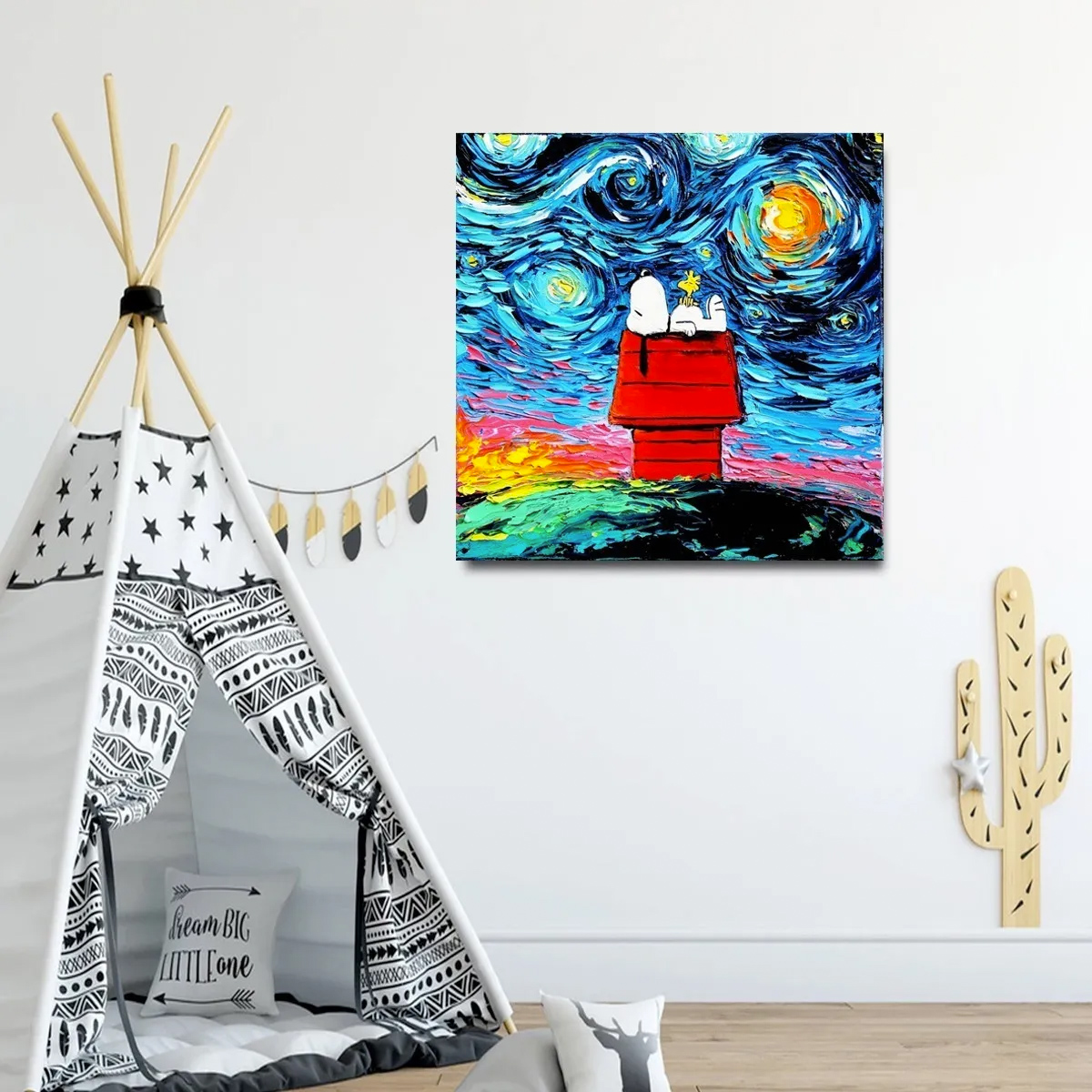 Cuadro Decorativo Snoopy noche estrellada | 55x55cm lienzo canvas 100% Algodon | DECOGALERIA
