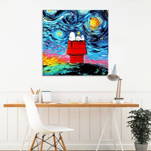 Cuadro Decorativo Snoopy noche estrellada | 55x55cm lienzo canvas 100% Algodon | DECOGALERIA