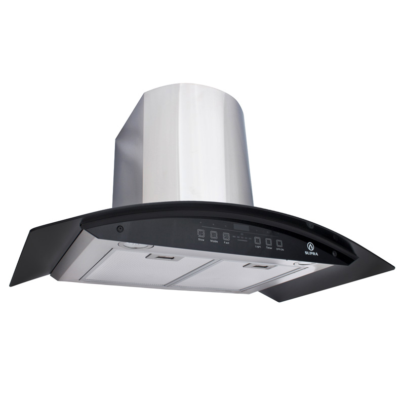 Campana extractora para cocina de 90cm SUPRA CC-90-AC en acero inoxidable con cristal curvo en color negro