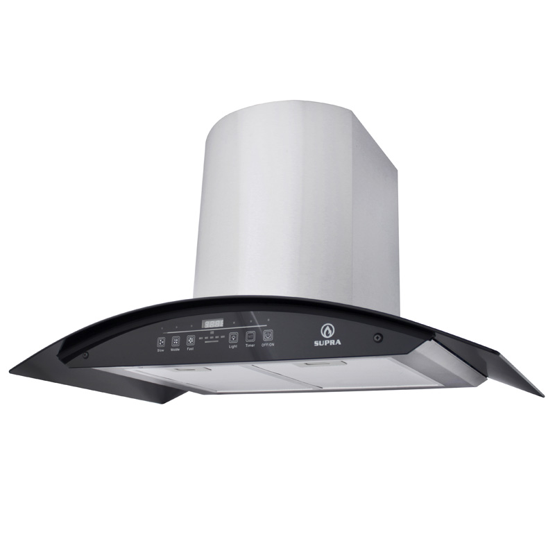 Campana extractora para cocina de 90cm SUPRA CC-90-AC en acero inoxidable con cristal curvo en color negro