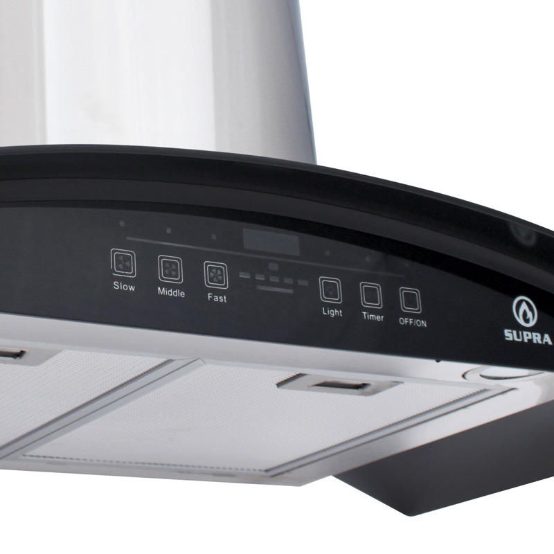 Campana extractora para cocina de 90cm SUPRA CC-90-AC en acero inoxidable con cristal curvo en color negro