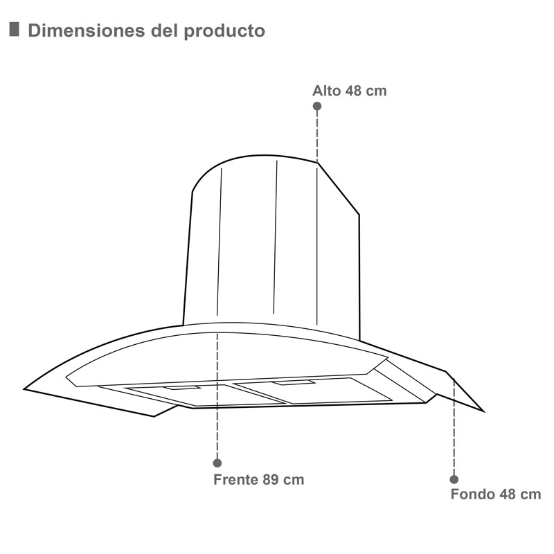 Campana extractora para cocina de 90cm SUPRA CC-90-AC en acero inoxidable con cristal curvo en color negro