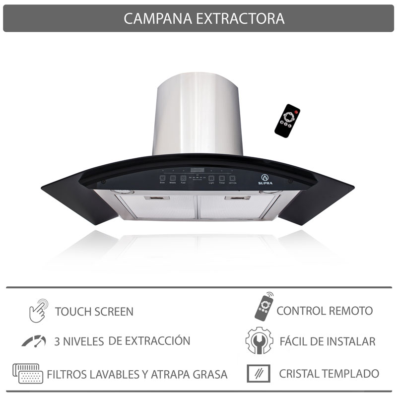 Campana extractora para cocina de 90cm SUPRA CC-90-AC en acero inoxidable con cristal curvo en color negro