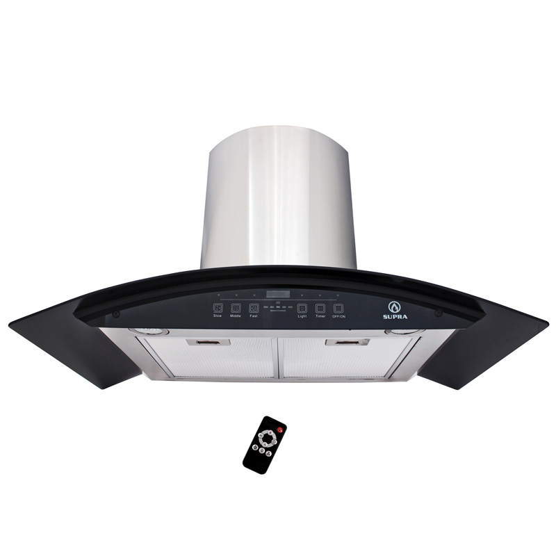 Campana extractora para cocina de 90cm SUPRA CC-90-AC en acero inoxidable con cristal curvo en color negro