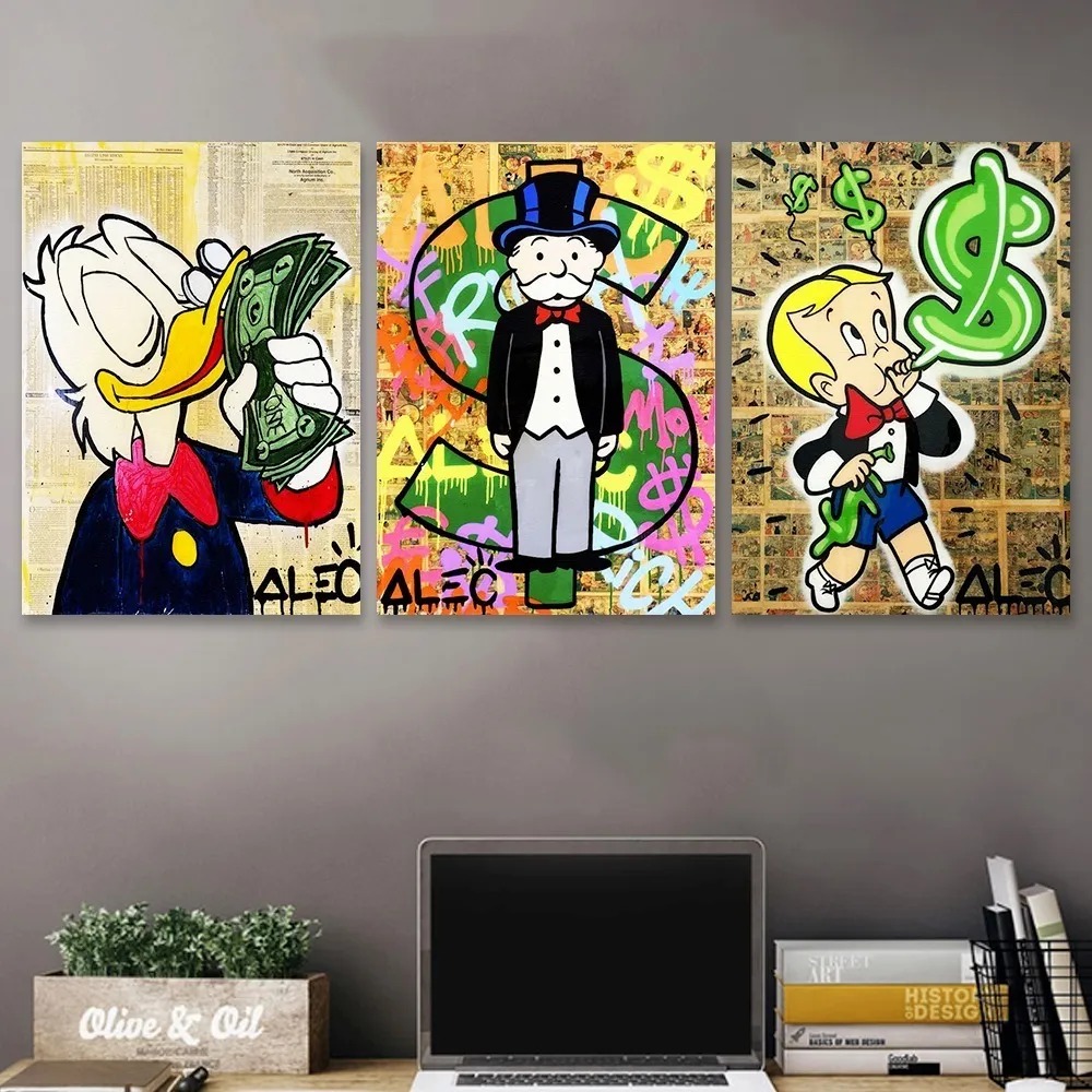 Set 3 Cuadros Decorativos Alec Monopoly Arte Callejera 3 cuadros de 25x35cm cada cuadro 