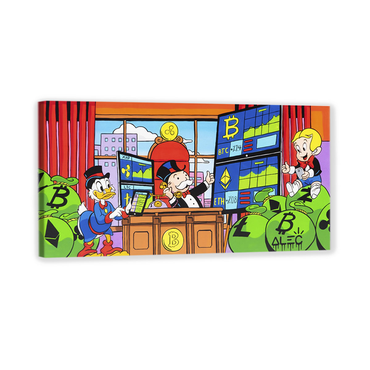 Cuadro Decorativo Alec Monopoly Bitcoin criptomonedas | 50x100cm lienzo canvas 100% Algodón | DECOGALERIA | Listo para Colgar