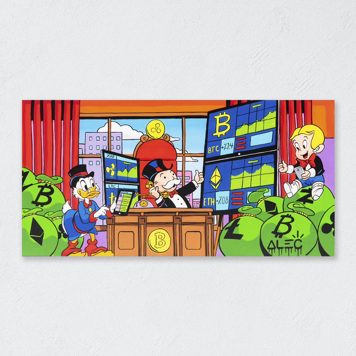 Cuadro Decorativo Alec Monopoly Bitcoin criptomonedas | 50x100cm lienzo canvas 100% Algodón | DECOGALERIA | Listo para Colgar