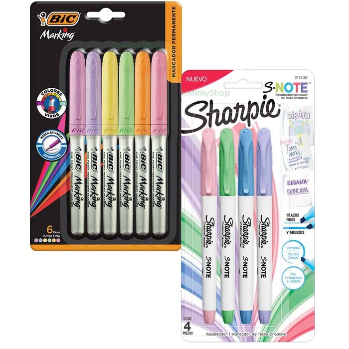 Plumones Bic Marking Permanentes Pastel + Marcatextos Sharpie.