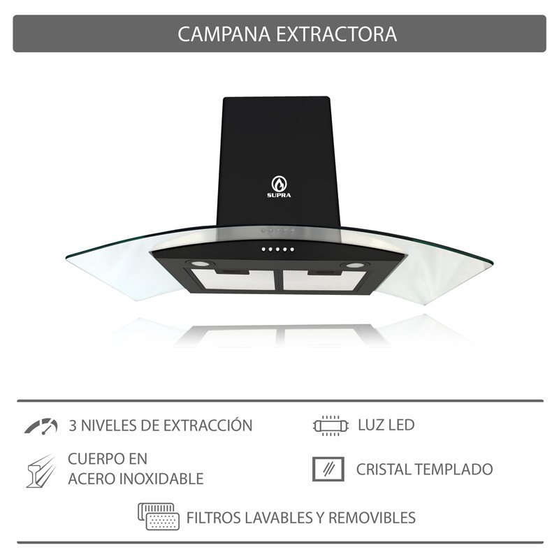Campana de cocina 90cm SUPRA CC-90-BLACK campana extractora de acero inoxidable color negro matte y cristal curvo