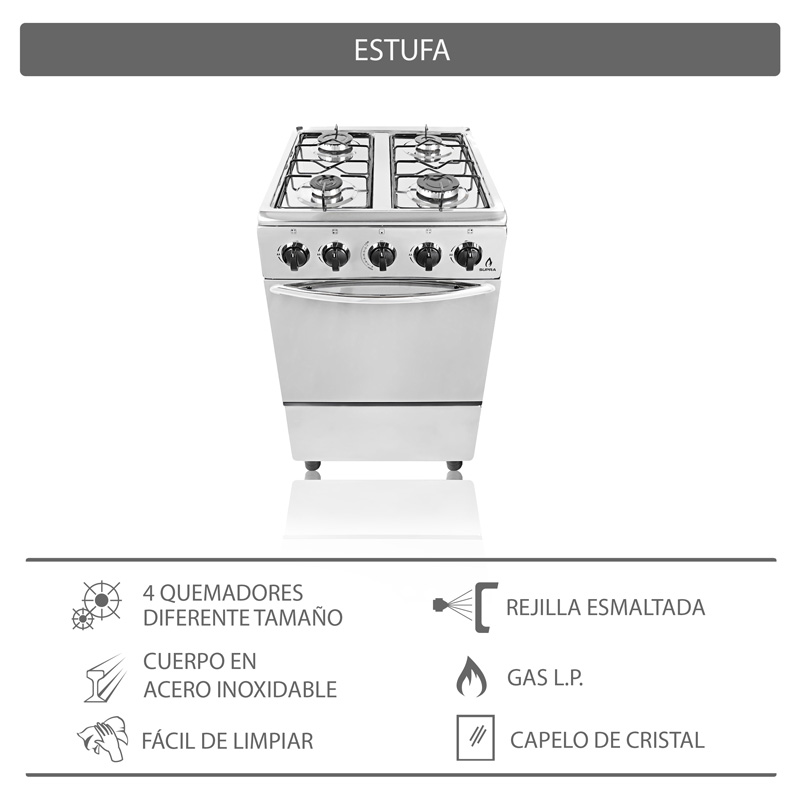 Estufa a gas de piso con 4 quemadores en acero inoxidable SUPRA 4Q-H-TA estufa para gas lp con horno y acabado brillante incluye tapa de cristal