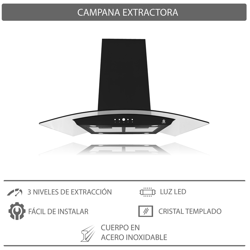 Campana extractora de isla color negro SUPRA CI-90-BLACK campana de cocina en acero inoxidable y cristal curvo de 90 cm