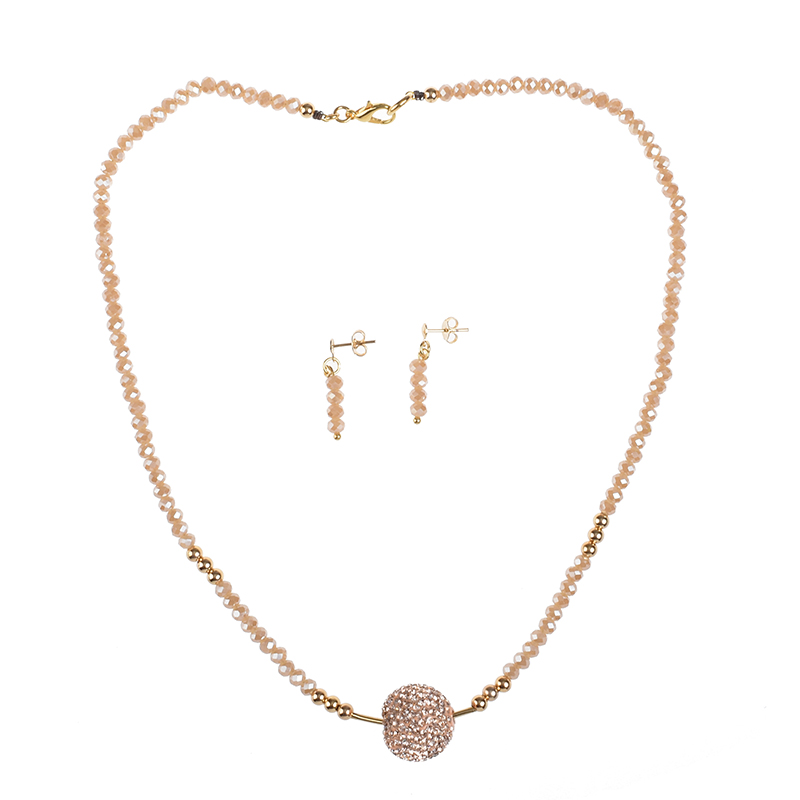 Juego de Collar y Aretes dije Bola de Fuego color Beige.