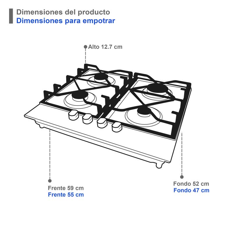 Parrilla de gas empotrable de 4 quemadores SUPRA 4Q-TD-60 de 60cm con cubierta de acero 
