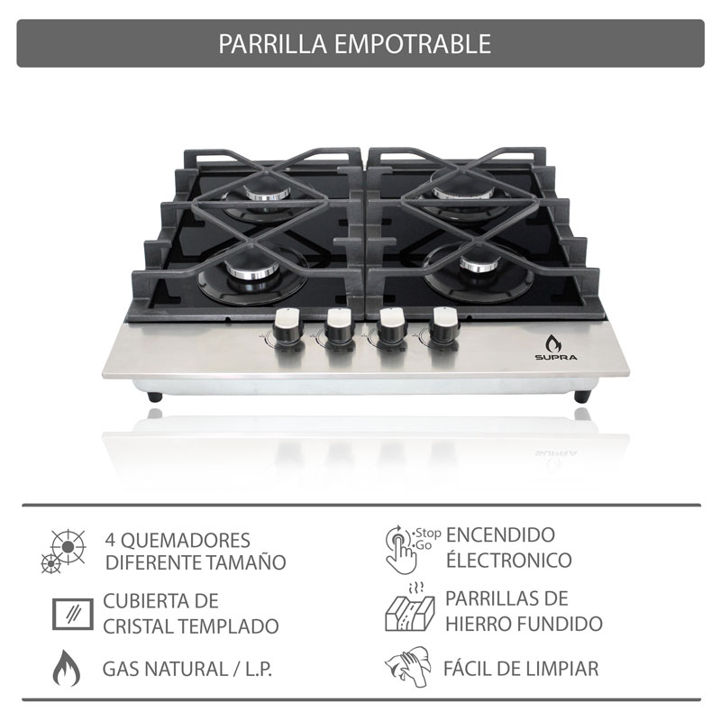 Parrilla de gas empotrable de 4 quemadores SUPRA 4Q-TD-60 de 60cm con cubierta de acero 