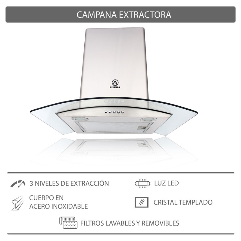 Campana extractora para cocina SUPRA CC-60 de 3 velocidades en acero inoxidable 