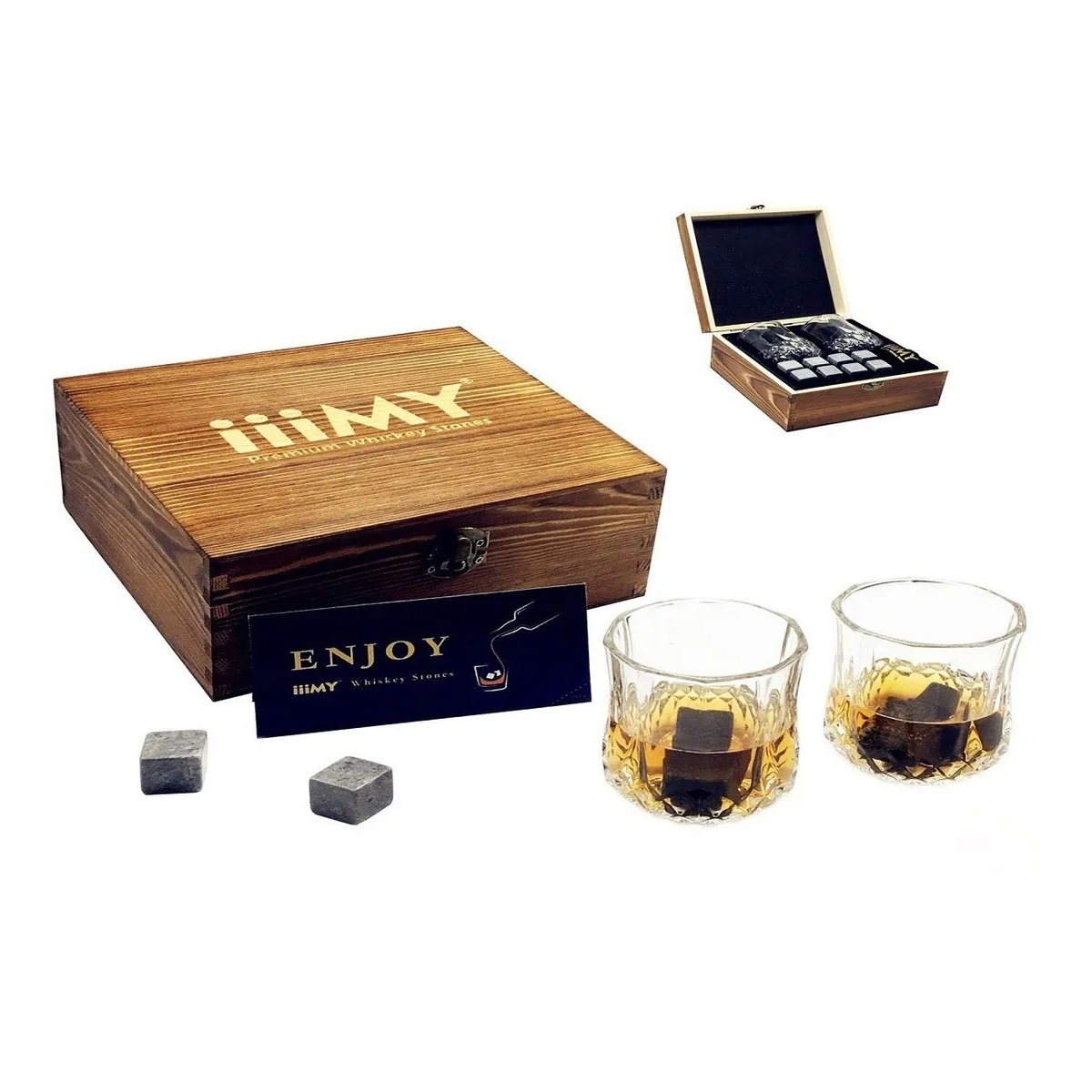 Juego De Piedras Para Whisky, 2 Vasos, Caja De Madera, 10pzs