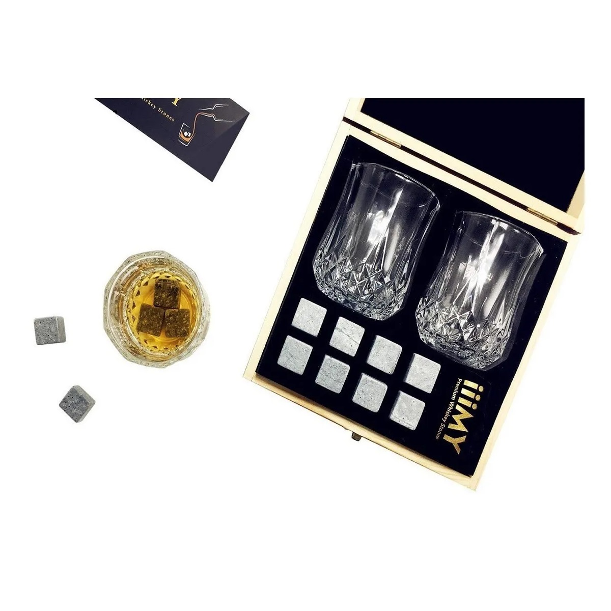 Juego De Piedras Para Whisky, 2 Vasos, Caja De Madera, 10pzs
