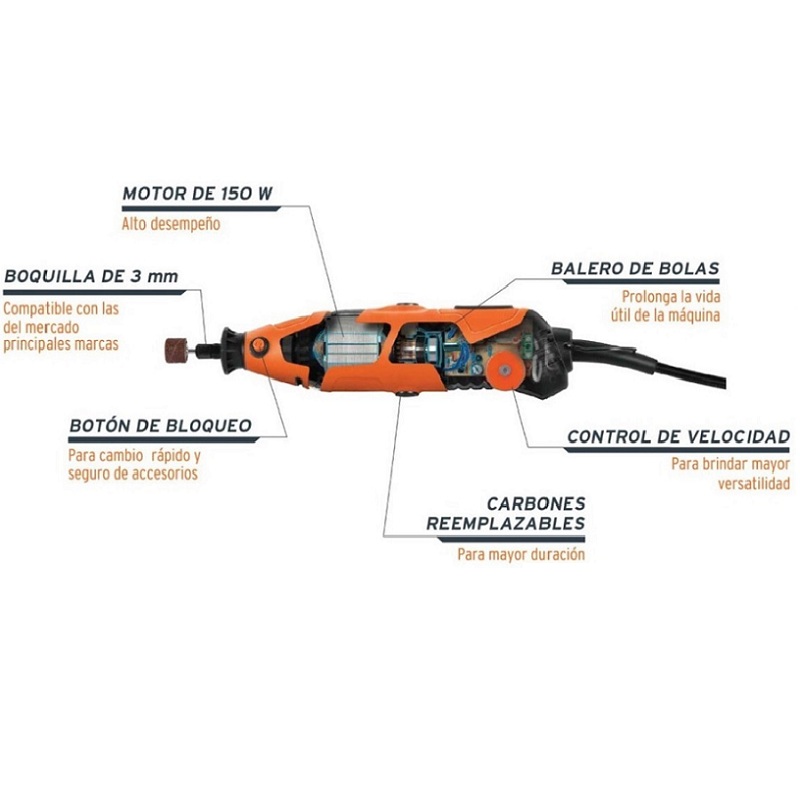 Moto Tool Profesional ,Herramienta rotativa profesional con Accesorios para Devastar -Pulir-Cepillar -Esmerilar 150 W Truper MOTO-A2