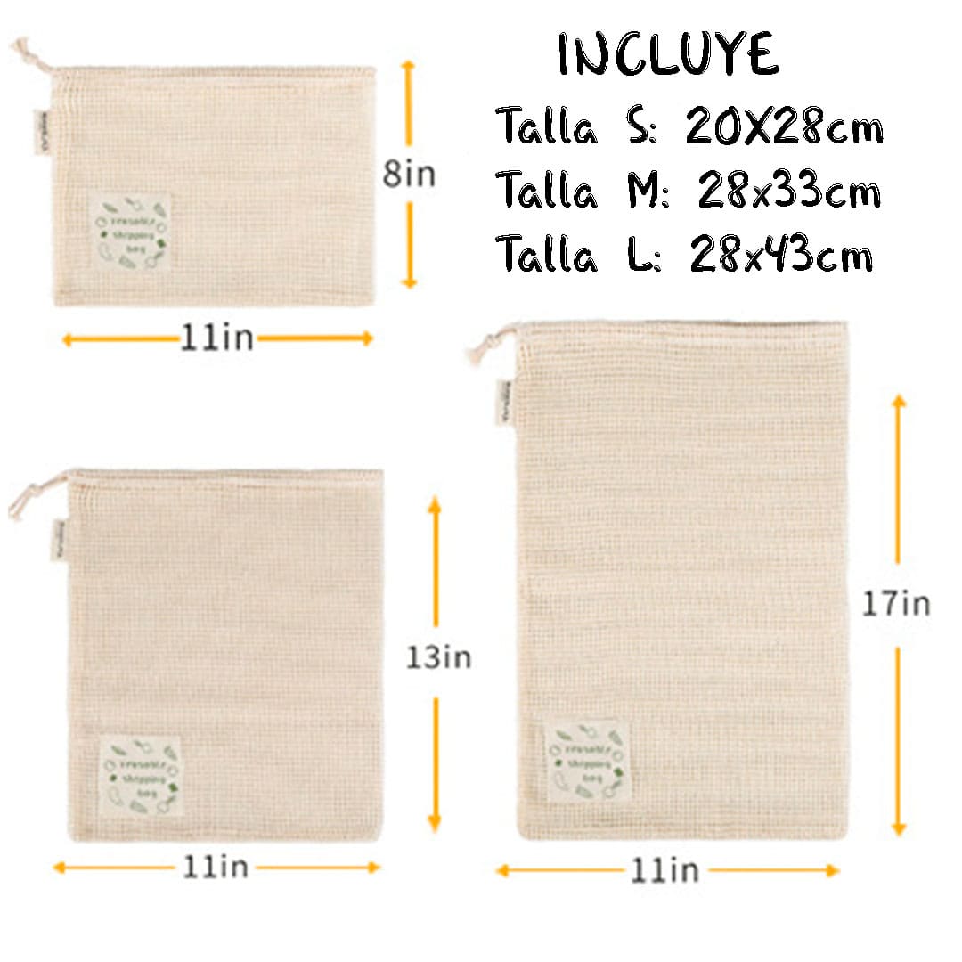 Juego de 3 bolsas de Algodon Organico Ecologica