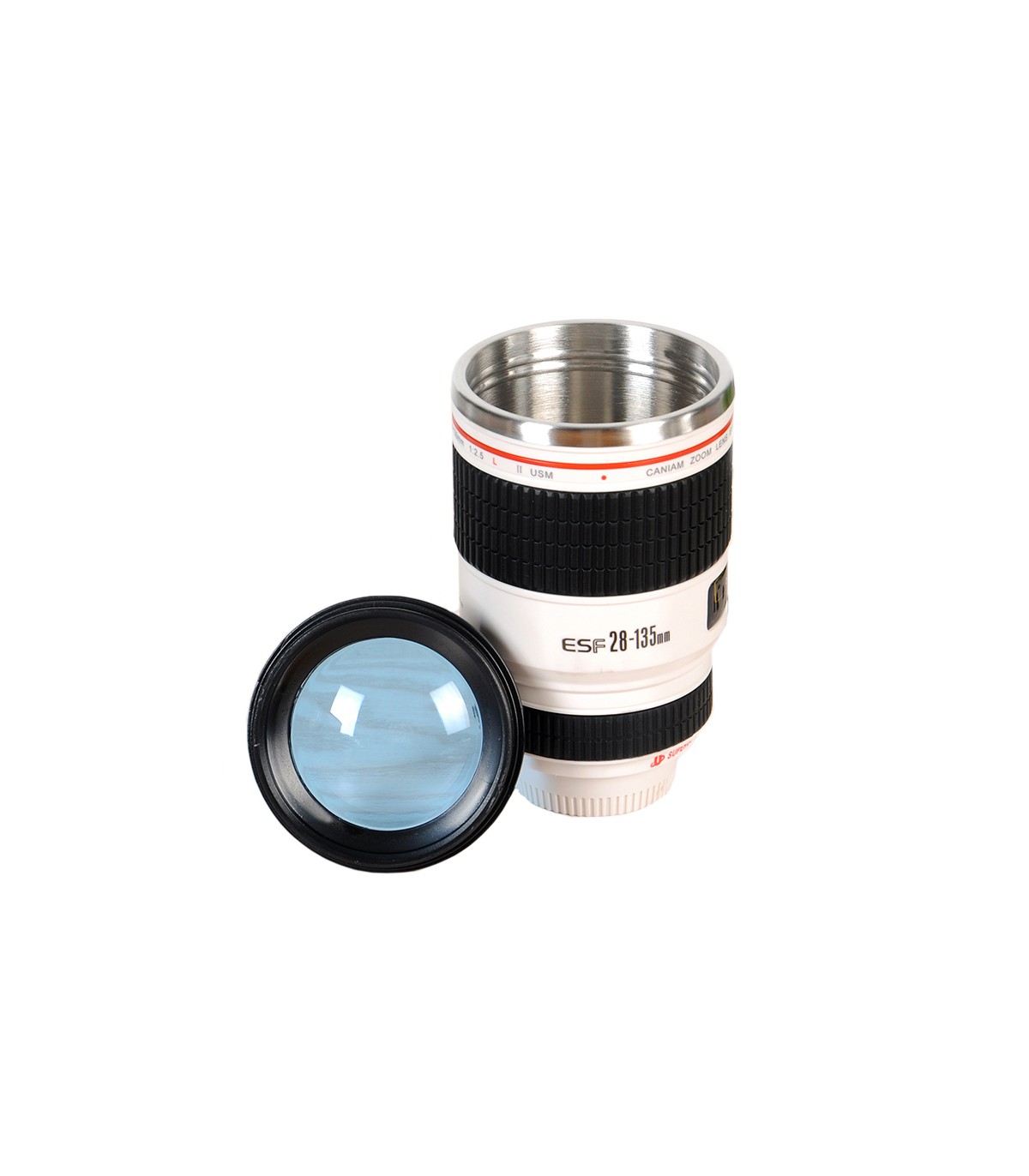 TAZA TERMO CON FORMA DE LENTE FOTOGRAFICO 400 ml PARASOL, MARCA CANIAM INCLUYE TAPA TRANSPARENTE ADICIONAL