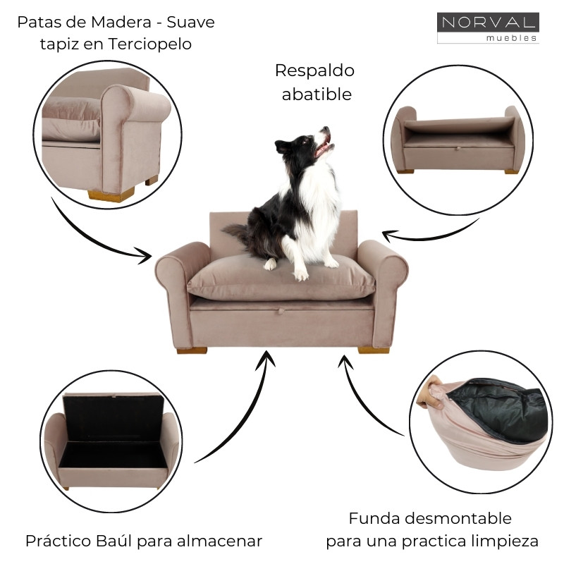 Sofá Para Mascotas Cama de Perro o Gato con Baul Funda Lavable Terciopelo (ROSA)