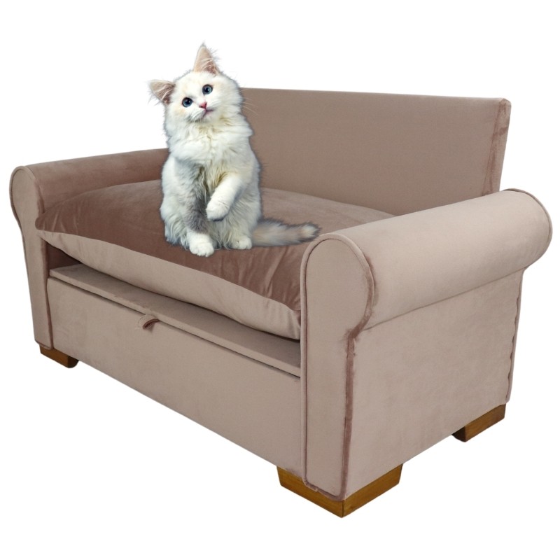 Sofá Para Mascotas Cama de Perro o Gato con Baul Funda Lavable Terciopelo (ROSA)