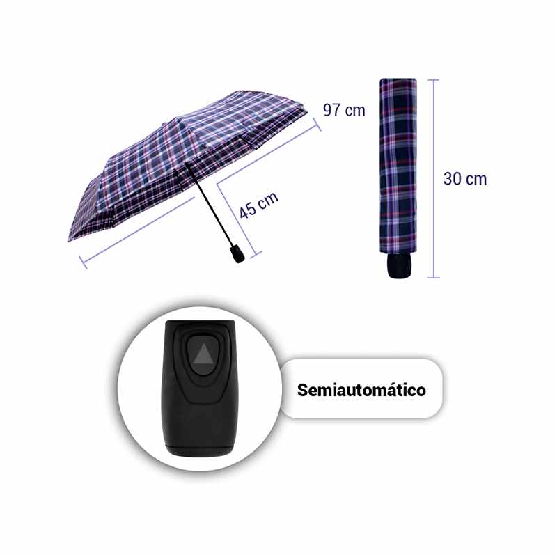 Paraguas Escocés Bolsillo Semiautomático Negro Morado Mango Corto Plástico Textura Suave