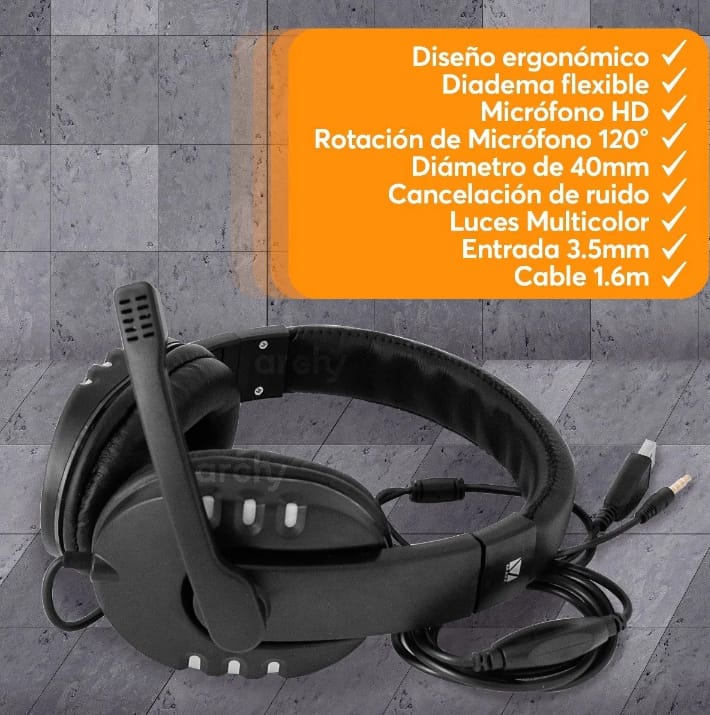 AUDIFONOS DIADEMA PARA GAMER O VIDEOLLAMADA CON LUZ LED DE COLORES
