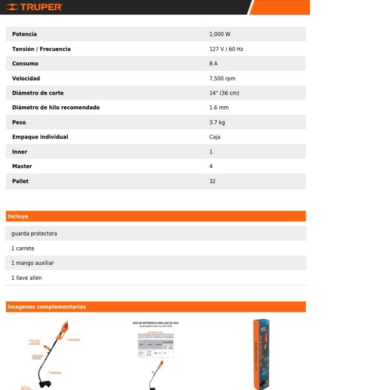 Desbrozadora Eléctrica "MOSCO" PODADORA para Jardinería  Corta Pasto Hierbas Malezas Truper de 1000W DES-1000