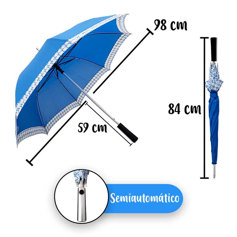 Paraguas Bastón Semiautomático Azul Orilla Floreada Punta Policarbonato Flexible